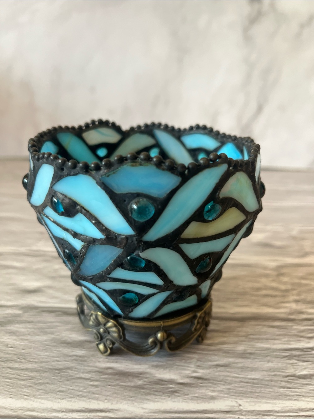 PartyLite "Spring Water" Stained Glass Tea Light Candle Holder Tiffany Style
